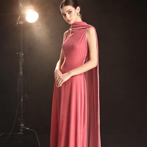 Sleeveless velvet gown with neck scarf LUXE, Velvet dress wedding guest, Rose velvet dress, Formal dress, Velvet dress women, Custom dress