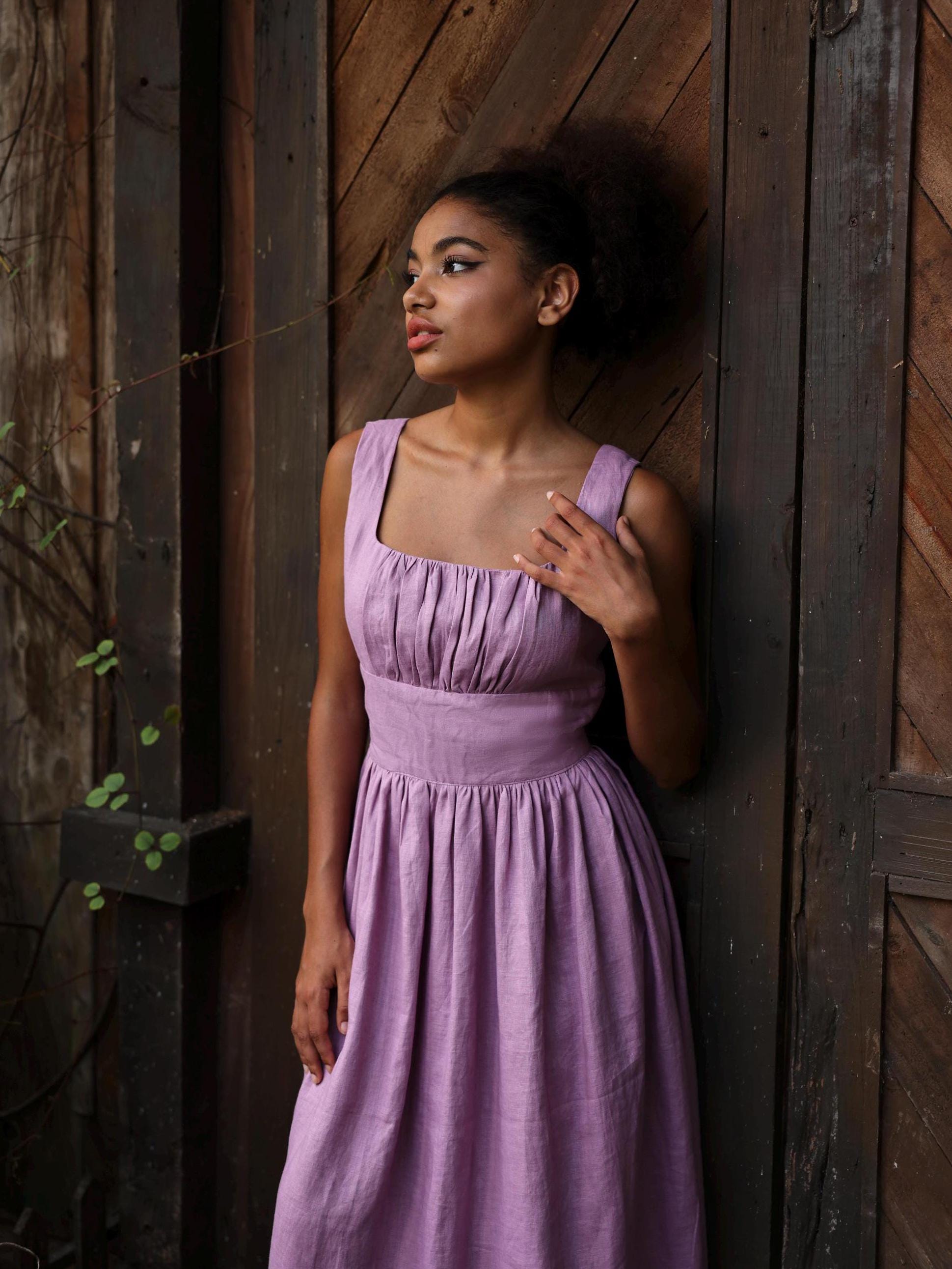 Gathered Bust Linen Dress AURELIA, Elegant Linen Dress