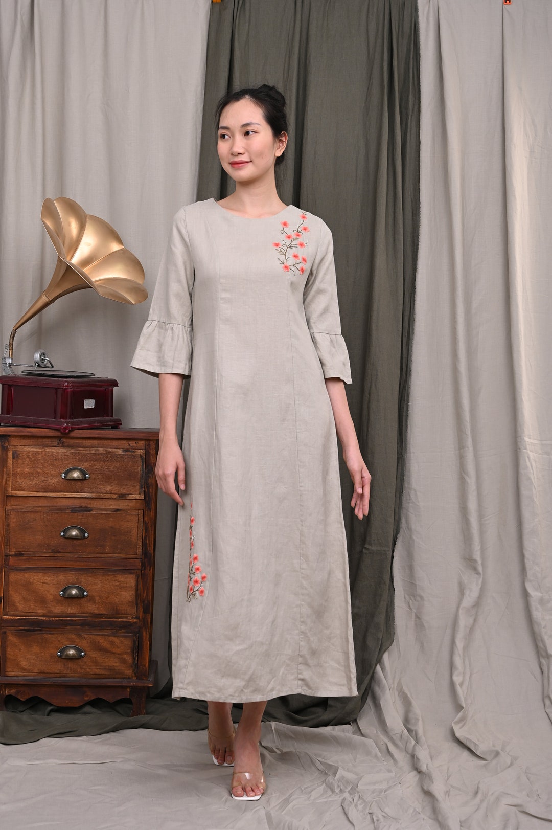 Linen Wedding Guest Dress Floral Embroidered Dress for Woman - Etsy