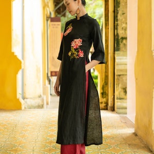 Black ao dai with flowers, Custom embroidery ao dai, Linen modern ao dai, Modern Vietnamese dress, Plus size ao dai, Custom ao dai ELA-W11