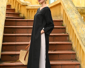 Schwarze lange Leinentunika, Leinentunika für Frauen, Leinentunika mit V-Ausschnitt, Leinen zweiteiliges Set, Leinen-Kaftan-Set, Langarm-Leinen-Tunika-Kleid