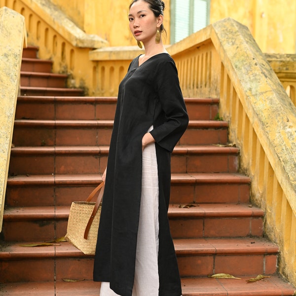 Black linen long tunic PATNA, V-neck tunic, Linen tunic shirt, Linen tunic dress for women, Long sleeves tunic, Wedding guest outfit