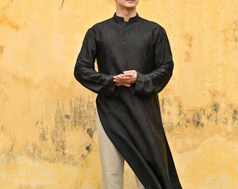 Mulberry silk ao dai men, Vietnamese traditional dress men, Black ao dai for men, Silk ao dai tunic dress for men, Plus size men ao dai