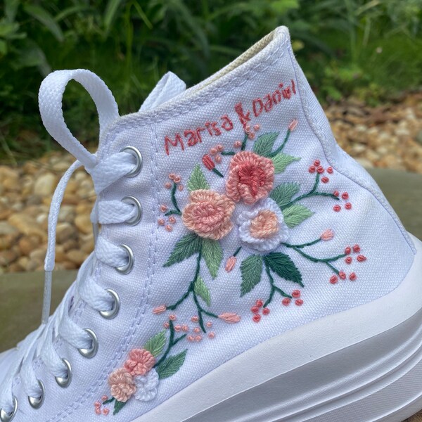 3D Floral embroidered converse ROSIER, Custom bridal flat shoes, Unique wedding sneakers with name dates, Boho wedding shoes, Wedding vans