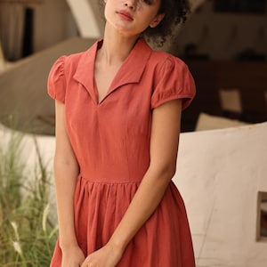 Collared linen dress SABRINA, Short sleeve linen dress, Wedding guest dress, Boho dress, Linen midi dress, Linen dress women, Custom dress