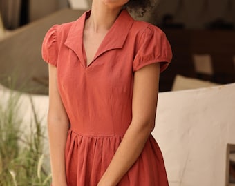Collared Linen Midi Dress SABRINA - Short Puff Sleeve Dress - Custom Made