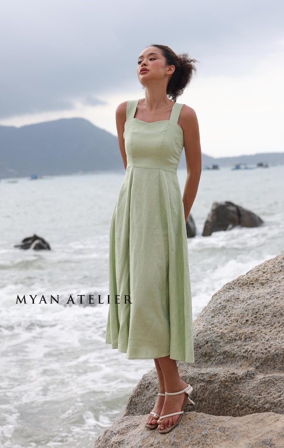 Strappy Sweetheart Neckline Midi Linen Dress LEORA, Wedding guest dress, Custom fit