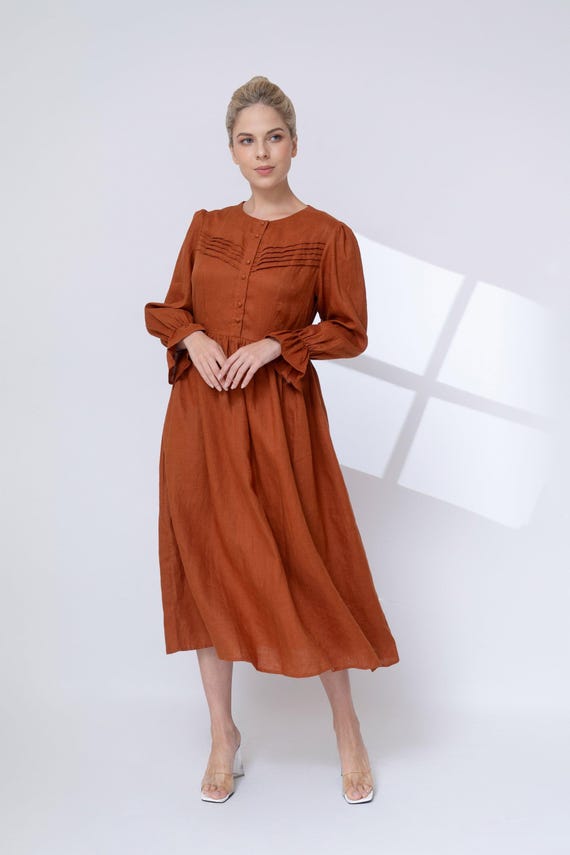 Long Sleeve Button Front Linen Dress KAYA, Wedding guest dress, Custom fit
