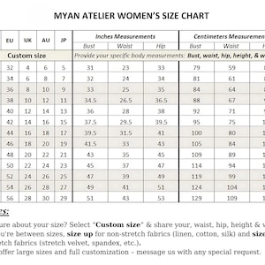 Detailed measurement guide for linen dress dress in sizes 0 US to 24 US, including a custom-size option for a perfect tailored fit.