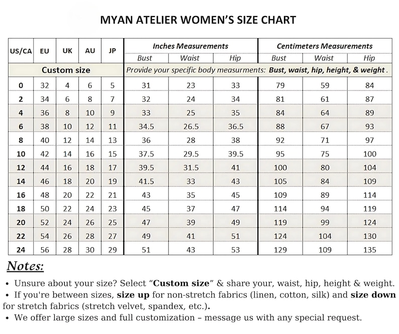 Detailed measurement guide for linen dress dress in sizes 0 US to 24 US, including a custom-size option for a perfect tailored fit.
