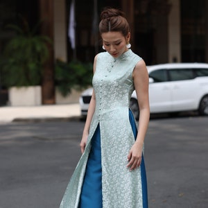 Sleeveless ao dai, Mulberry silk modern ao dai, Ao dai women with pants, Vietnam women dress, Plus size Vietnamese dress, Vietnam tunic AS19