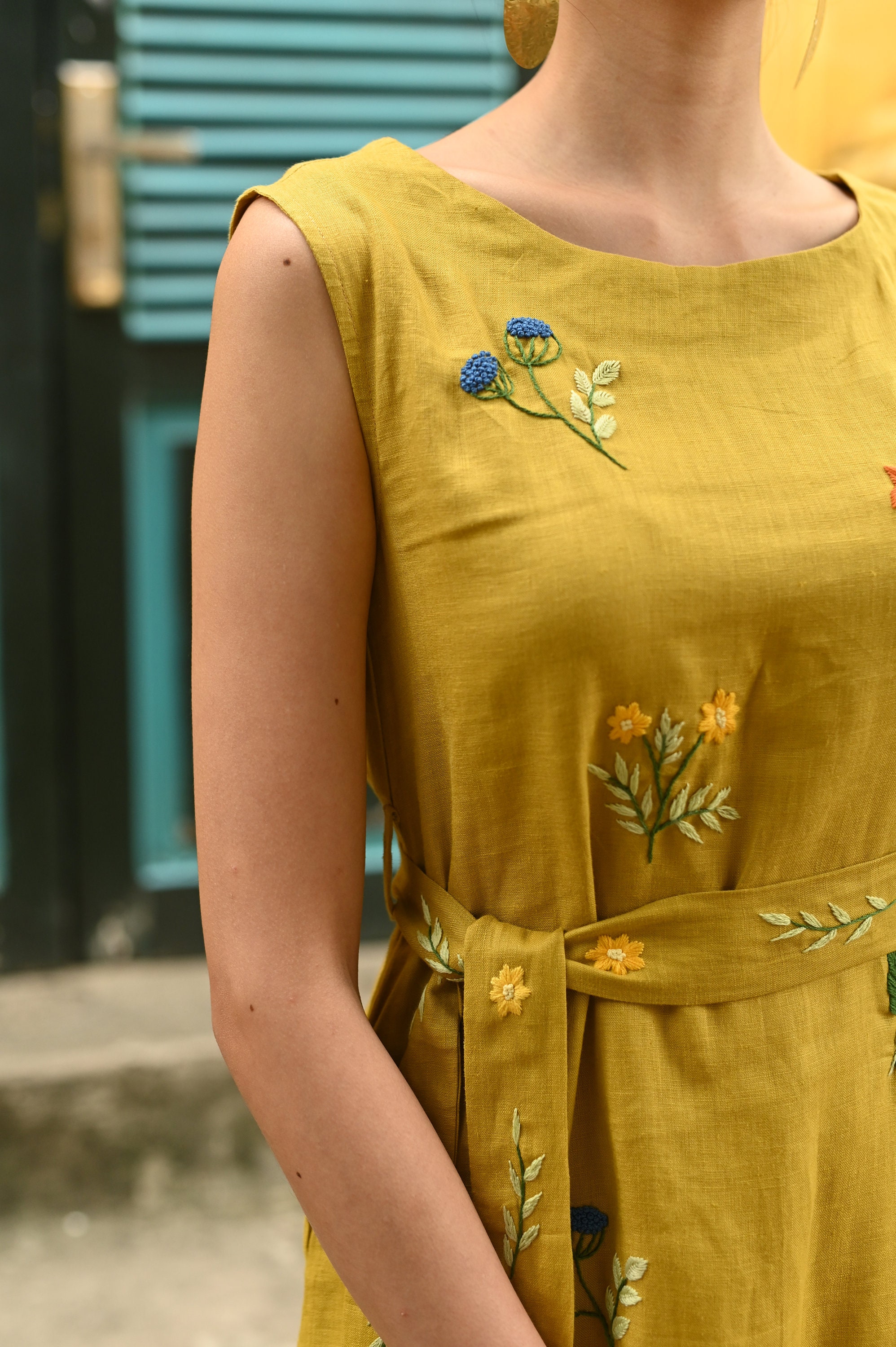 Handmade Embroidery Linen Dress SOFIA, Flower-embroidered Linen 