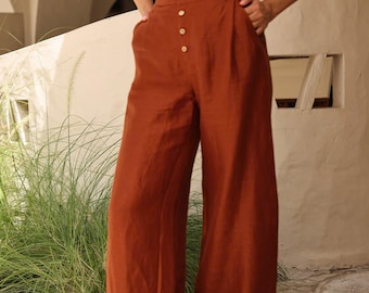 Custom Linen Pants, High Waisted, Wide Leg, Elastic Back, Floor Length, Custom Fit