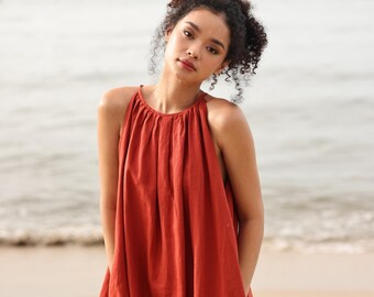 Wrap Linen Dress CINDY, Flax Summer Sleeveless Halter Neck Midi Dress,  Cinnamon Brown Beach Sundress, Sustainably Handmade Ethical Fashion