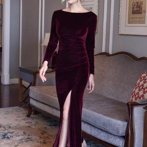 Bridesmaid velvet dress ORLA, Boat neck velvet dress, Velvet slit dress, Wine dress, Wedding guest dress, Velvet dress women, Custom dress