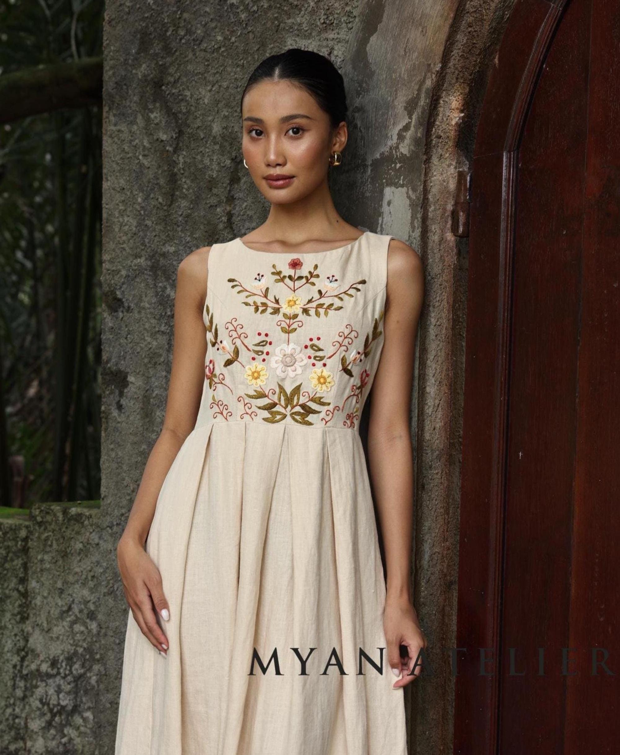 Hand Embroidered Sleeveless Boat Neck Linen Maxi Dress AMARA