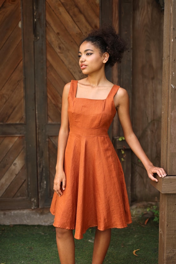 Sleeveless Square Neck Linen Dress SYMI, Wedding guest dress, Custom fit