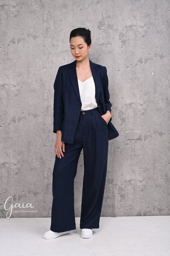 Navy blue linen blazer womens sale