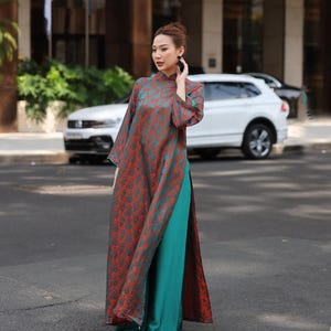 Silk Vietnamese Tunic Dress with Pants, Pattern Silk Ao Dai, Custom Size AS29
