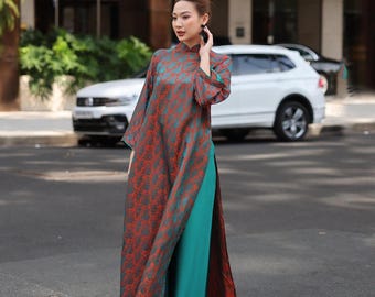 Silk Vietnamese Tunic Dress with Pants, Pattern Silk Ao Dai, Custom Size AS29