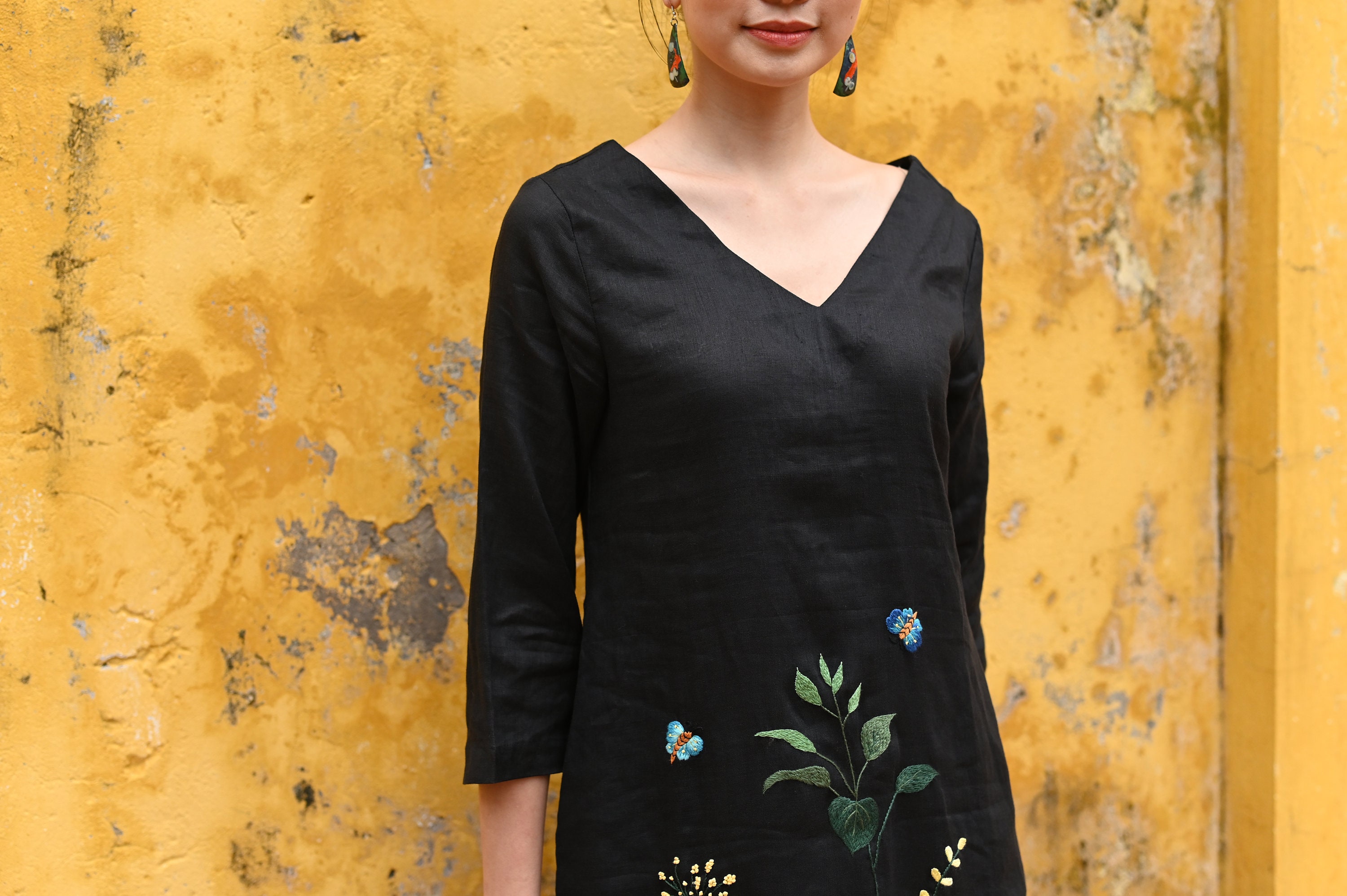 Handmade Embroidery Linen Midi Dress SUE, Linen Dress for
