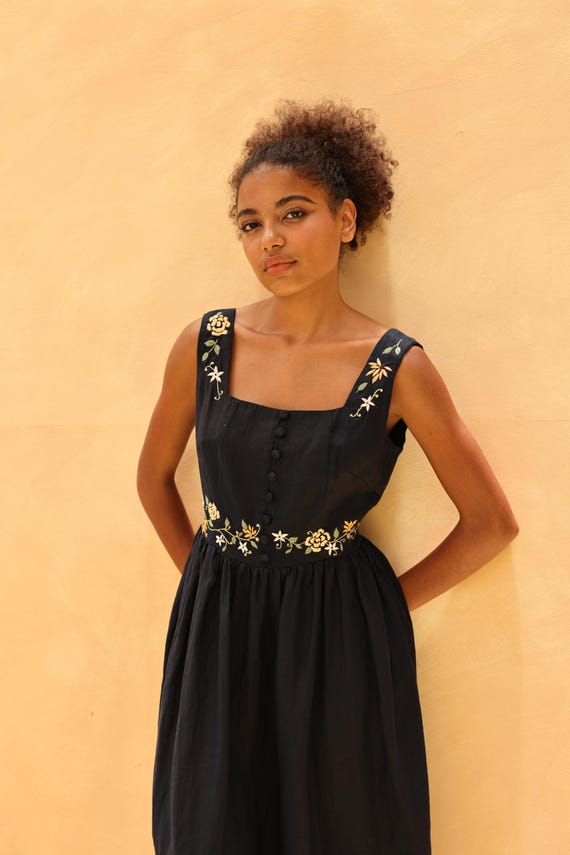 wedding guest embroidered dress Long Wedding Guest Dress With Black Floral Embroidery And Sheer Sleeves #J1952