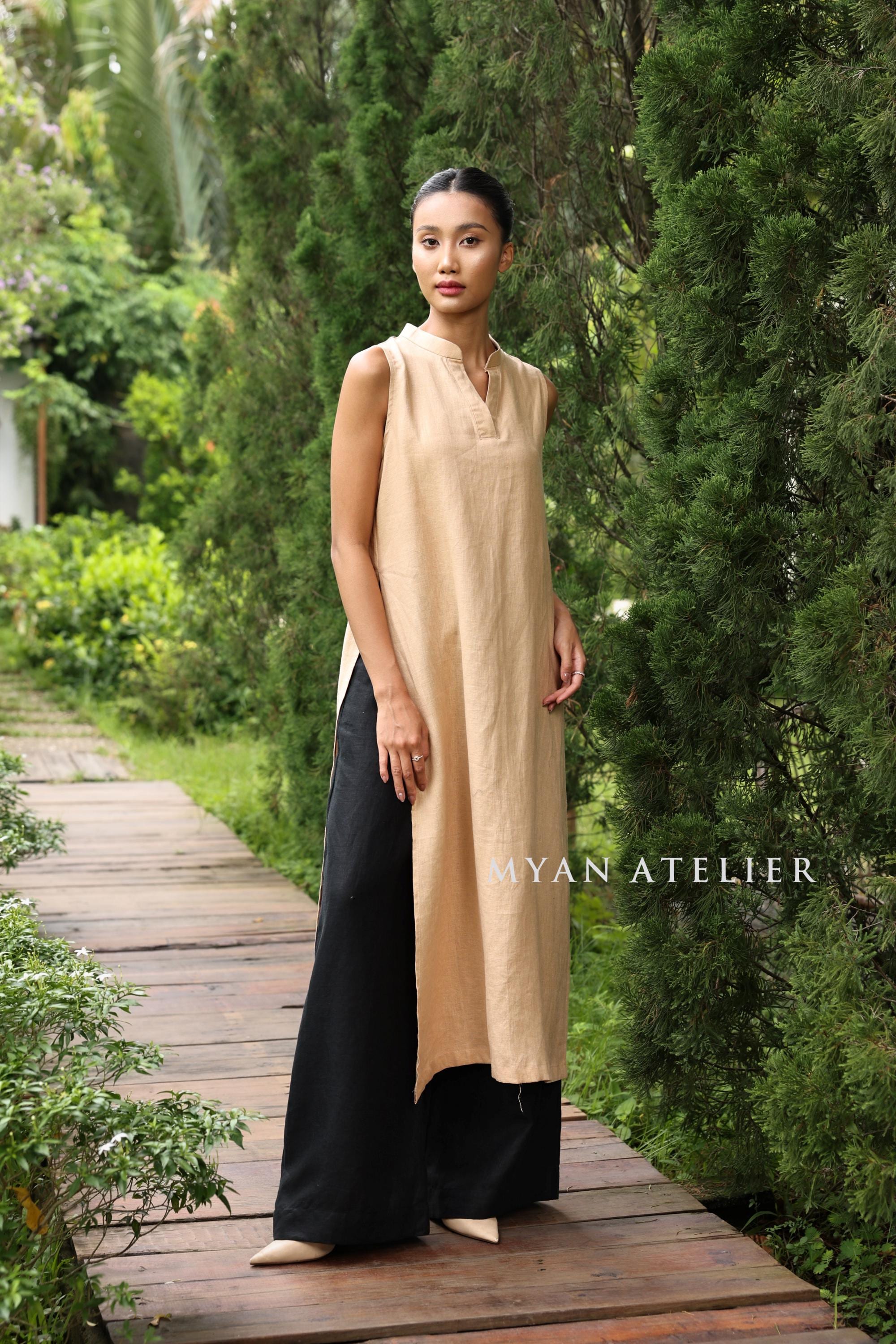 Green Pleated Linen Dress Cos V Neck Dress Sleeveless Linen AO Dai  Vietnamese Tunic Dress Custom