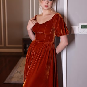 Puff sleeve velvet dress SURI, Rust dress, Autumn wedding guest dress, Formal velvet dress, Velvet dress women, Custom dress, Elegant dress