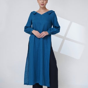 Linen kaftan dress outfit, V neck long linen tunic for women, linen tunic dress with pants, Tunic tops for women, Linen two piece set classy image 1