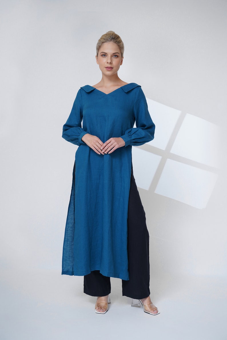 Linen kaftan dress outfit, V neck long linen tunic for women, linen tunic dress with pants, Tunic tops for women, Linen two piece set classy image 1