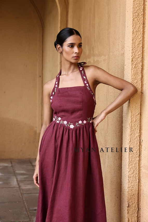 Hand Embroidered Halter Linen Dress VELINA, Wedding Guest Dress, Custom fit