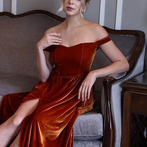 Sweetheart neck velvet dress YUNA, Off-the-shoulder velvet dress, Rust velvet bridesmaid dress, Long dress, Velvet dress women, Custom dress