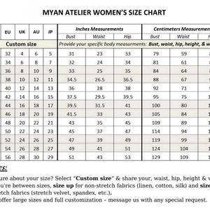 Detailed measurement guide for linen dress dress in sizes 0 US to 24 US, including a custom-size option for a perfect tailored fit.