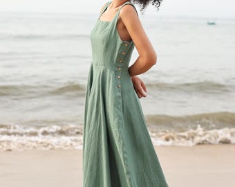 Linen Square Neck Dress SAFARI, Sundress with Pockets, Women Clothing, Wedding guest dress, Custom fit