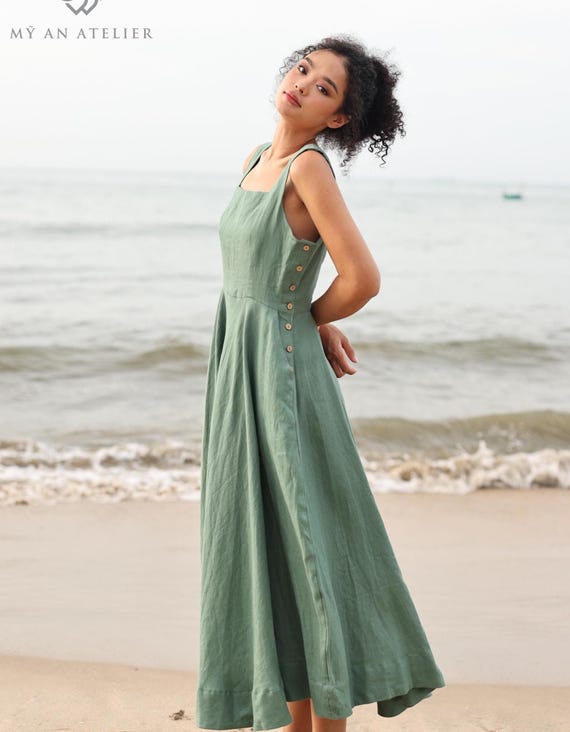 Sleeveless Square Neck Linen Dress SAFARI, Wedding guest dress, Custom fit