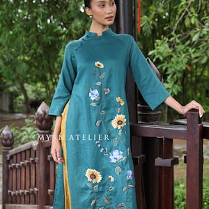 Floral embroidery ao dai, Linen ao dai, Ao dai with pants, Vietnam dress culture, Vietnamese tunic, Handmade ao dai, Custom ao dai ELA-W49