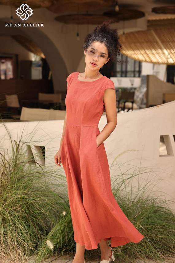 Lino Vestidos Con Bolsillos A Los Lados Vestido Lino Azul Añil