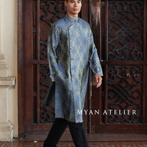 Pattern Silk Vietnam Tunic Dress for Men, Long Sleeves Vietnamese Ao Dai, Custom Size