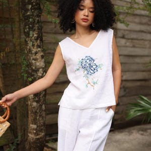 Hand embroidered linen top CEA, Sleeveless blouse, V neck linen top, Summer linen top, Blouse with hand embroidery, White linen top women