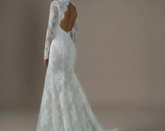 Handgedrapeerde trouwjurk met bloemenkant ELIORA, haute couture bruidsjurk, op maat gemaakt