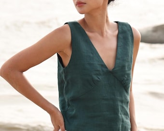 Linen oversized V-neck top SIMONE, Sleeveless summer top, Casual tank top, Loose linen top, Summer crop top, Women linen top, Handmade top