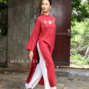 Embroidered ao dai, Linen ao dai, Unique ao dai, Ao dai with pants, Vietnamese long dress, Vietnam dress culture, Custom ao dai ELA-W43