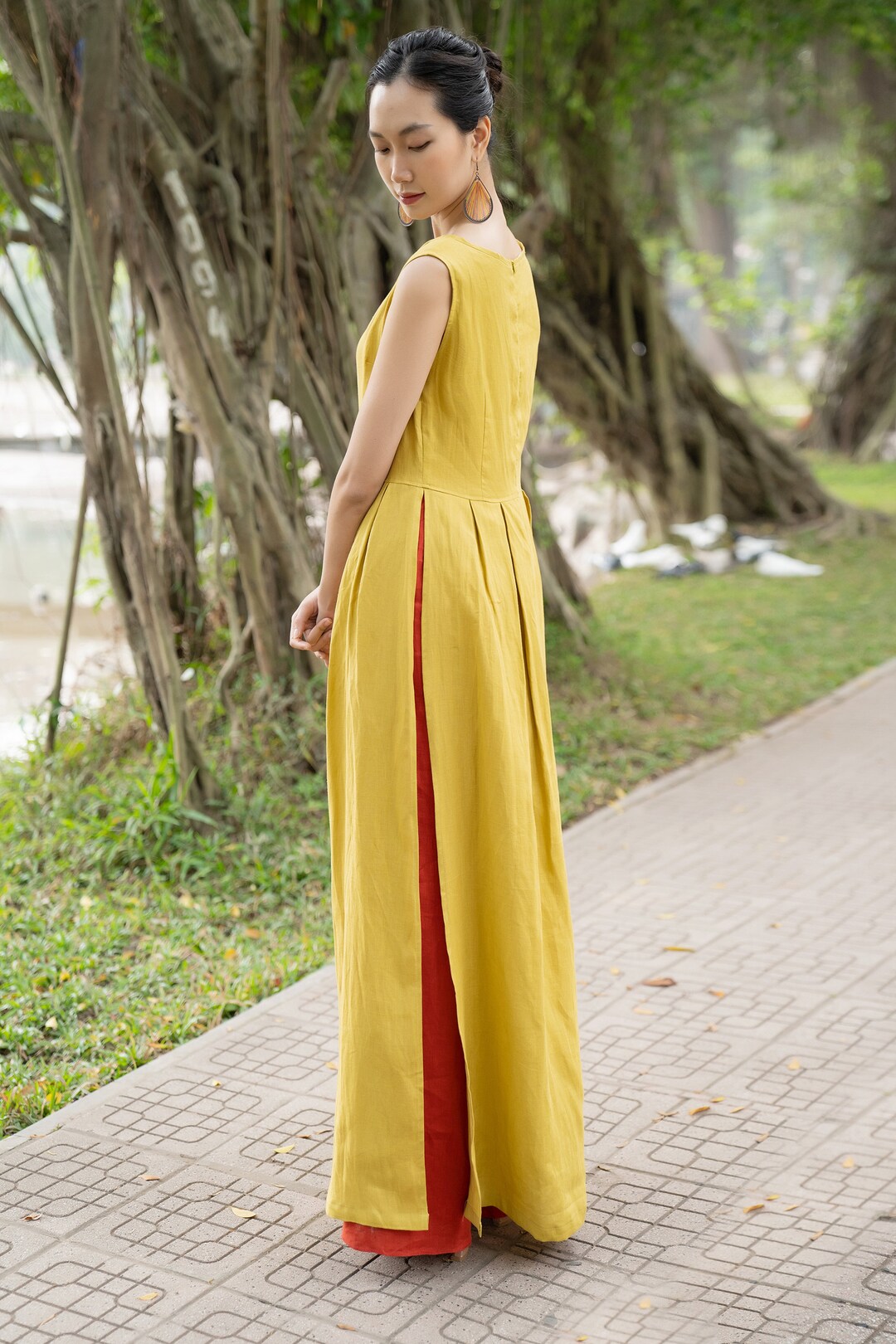 Ao Dai Linen Sleeveless Ao Dai Ao Dai Cach Tan Vietnamese Etsy