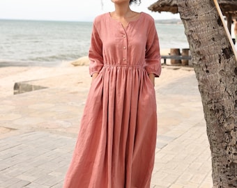 Puff Sleeve V-neck Maxi Linen Dress VENICE, Wedding guest dress, Custom fit