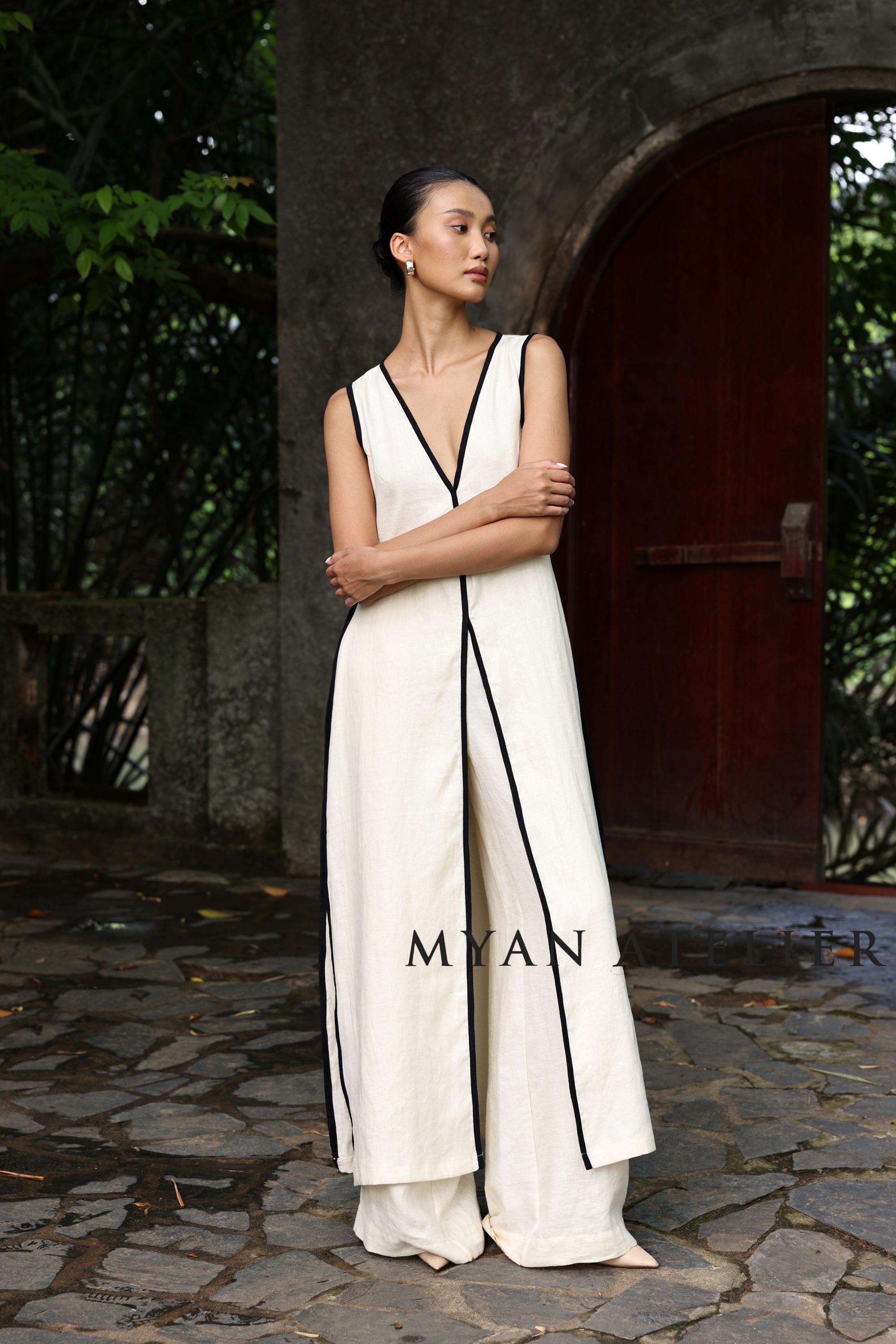 V neck maxi vest MAGNOLIA, Sleeveless linen tunic, Custom fit