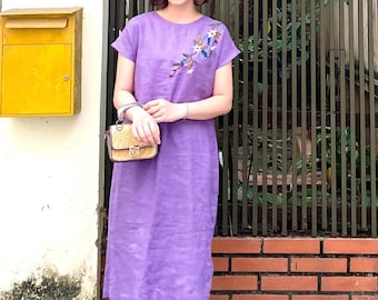 Linen dress for women MONI, Handmade embroidery linen dress, Linen dress for wedding guest, Lavender purple linen dress