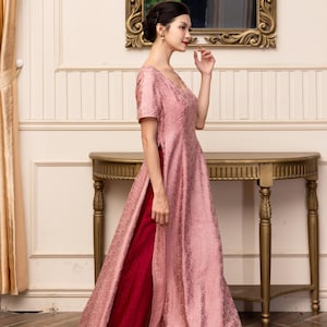 Short sleeve ao dai, Modern silk ao dai, Ao dai women with pants, Casual ao dai, Custom made ao dai, Vietnamese wedding guest dress AS76