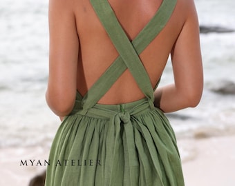 Criss-cross Strap Open Back Linen Dress CIELA, Wedding guest dress, Custom fit