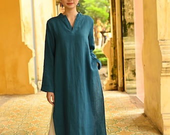 Lange Leinen Tunika für Frauen, Leinen Zweiteiler edel, Leinen Tunikas und Hosen, Leinen Kaftan Set, Leinenhemdkleid, Tunika-Oberteile für Frauen