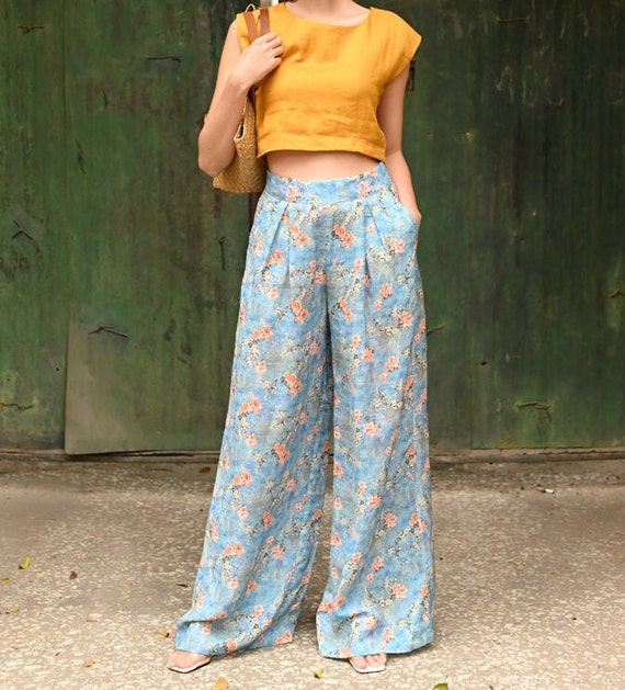 Pantalon en lin fleuri pour femme YAMBA Pantalon large Pantalon d ete en lin Pantalon taille haute en lin Pantalon sur mesure Pantalon en lin grande taille Etsy Canada